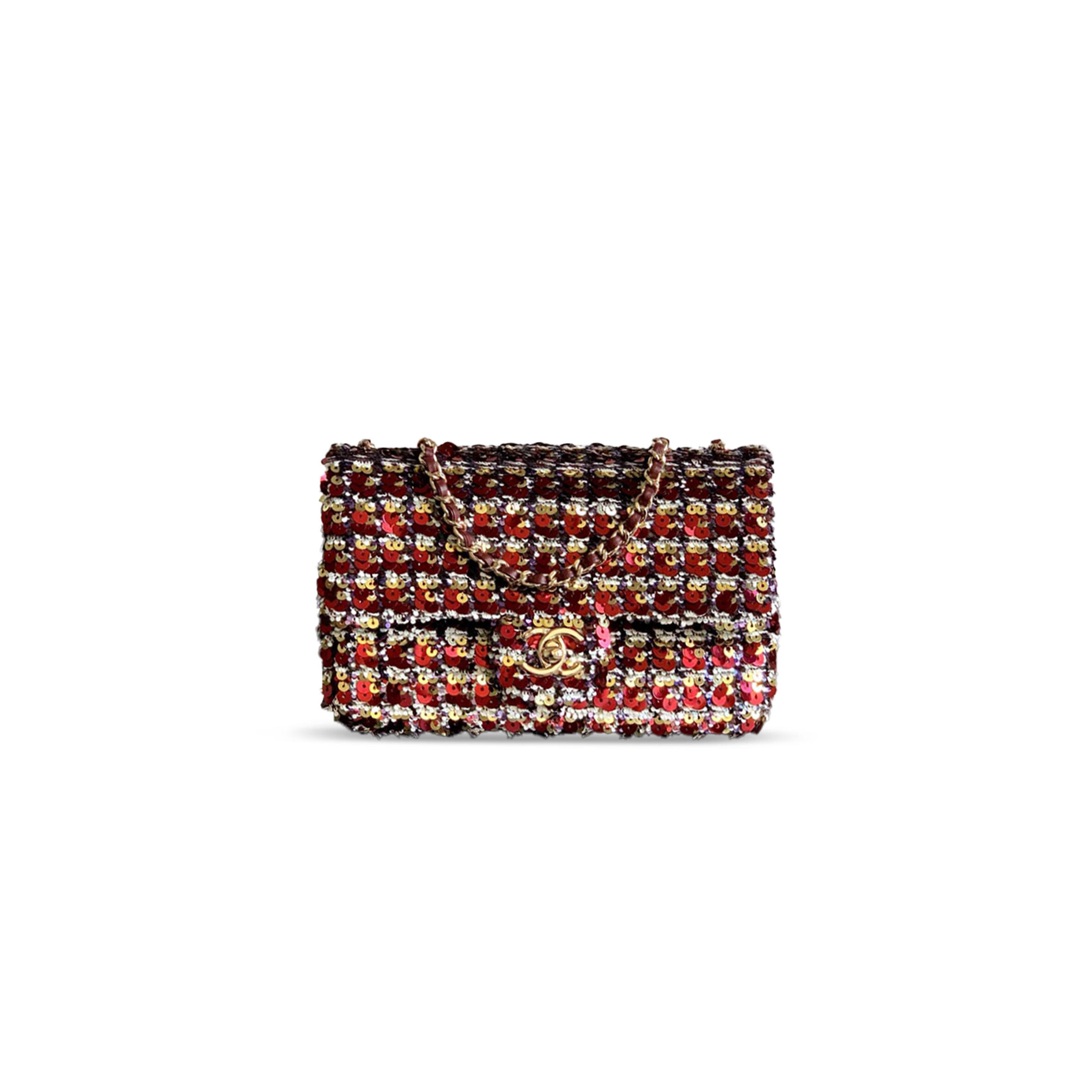 CHANEL MASTER FLAP BAG SEQUINS & GOLD-TONE METAL GOLDEN & DATE RED AS4561 (21*14*8cm)
